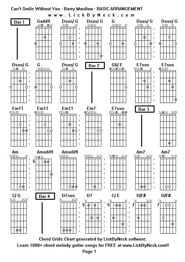 Chord Grids Chart of chord melody fingerstyle guitar song-Can't Smile Without You - Barry Manilow - BASIC ARRANGEMENT,generated by LickByNeck software.